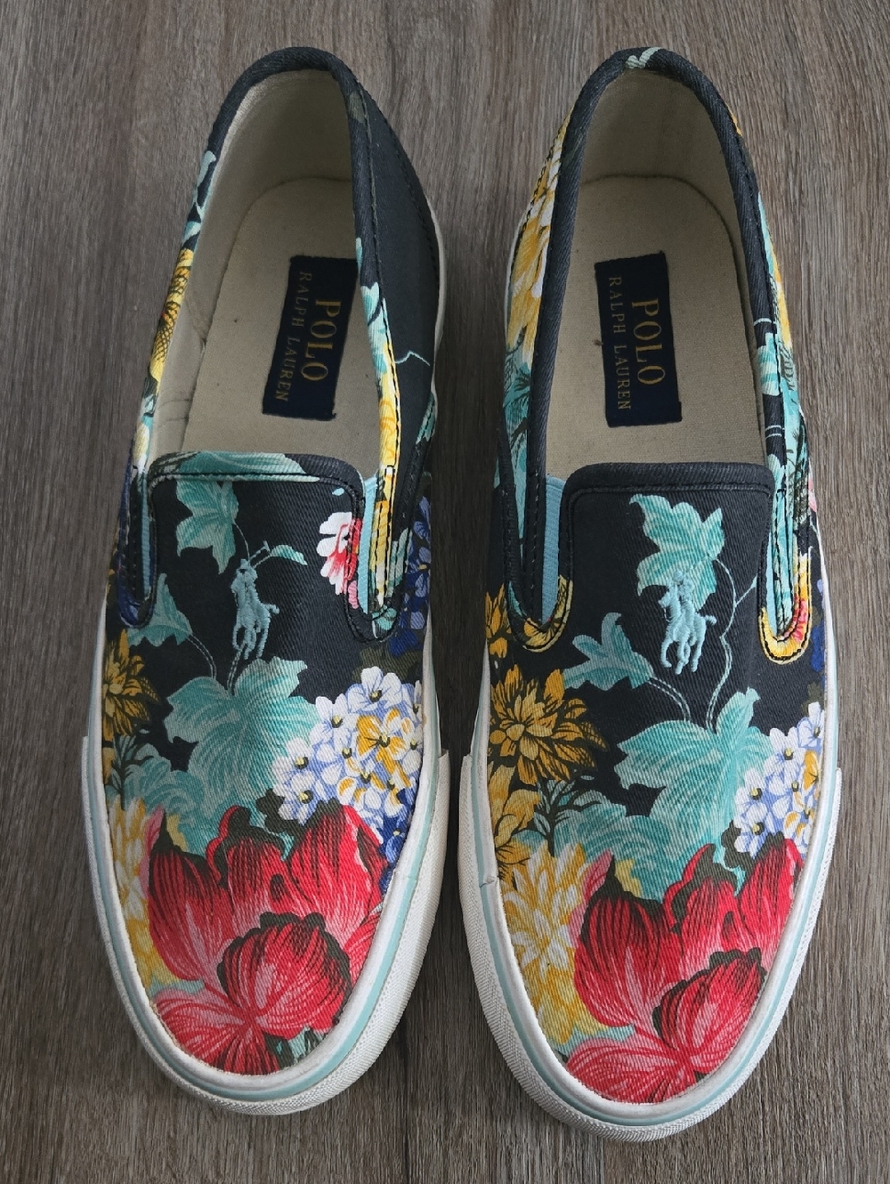 Polo by Ralph Lauren Black Floral Slip-On Sneakers with Red & Teal Accents